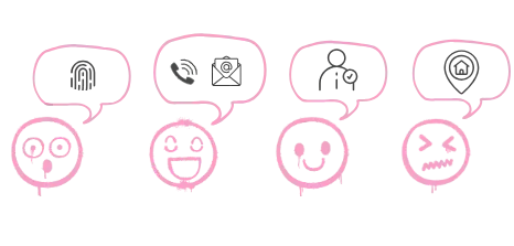 4 smileys graffitis bline design illustrant les mentions légales graphisme web obligatoires : identité, coordonnées, identifiants et siège social.