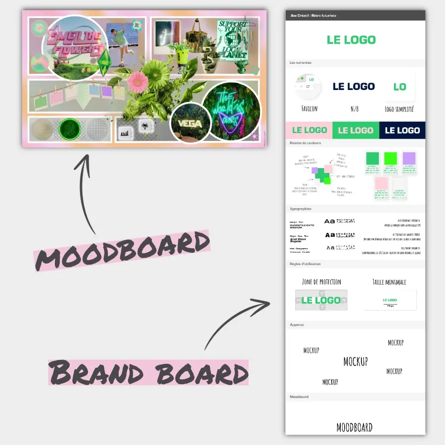 Comparatif entre un moodboard d'inspiration et un brand board technique pour la création d'une identité visuelle à Lille.