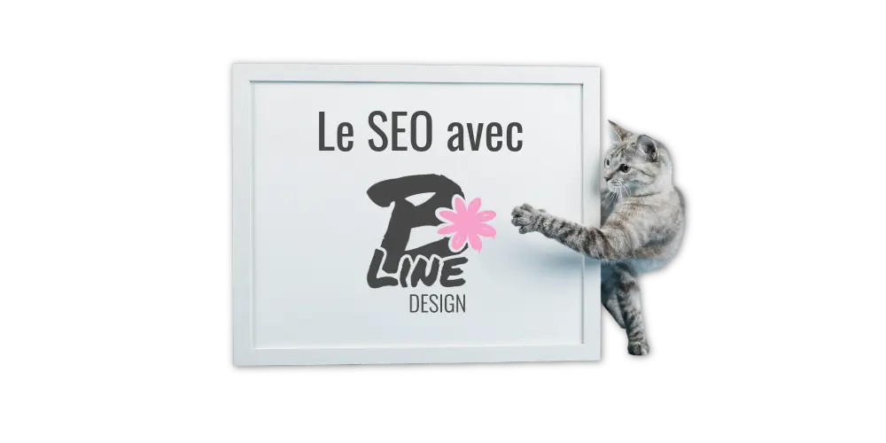 Un chat malin sort d'un cadre pour pointer le panneau SEO arborant le logo Bline design, illustrant mon rôle pour vous aider à comprendre le SEO à Lille.