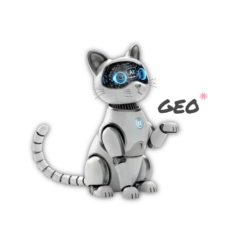 Un chat robotique futuriste symbolisant le GEO (Generative Engine Optimization) et l'évolution nécessaire pour comprendre le SEO de demain.